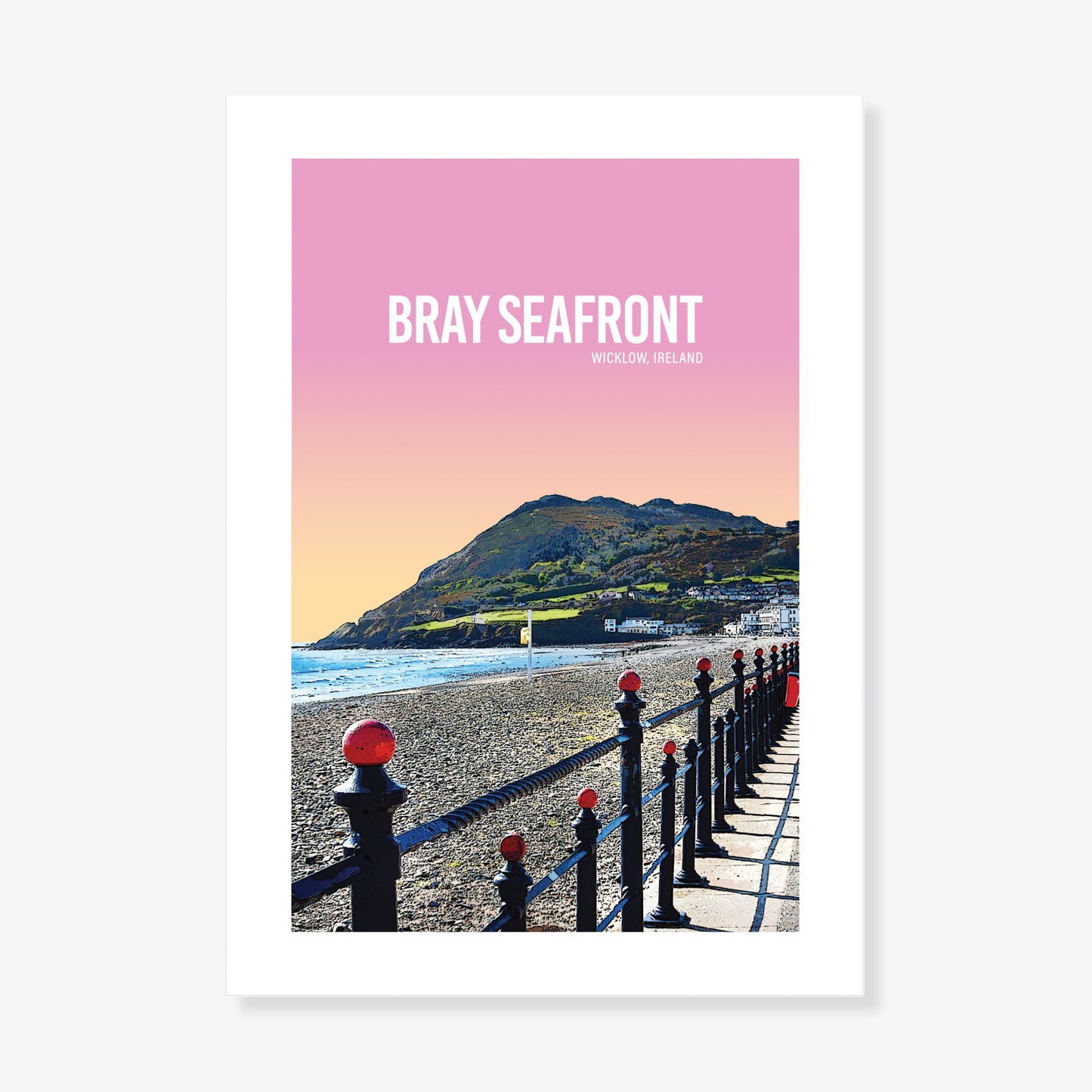 Bray Seafront Pink Sky A4 Print