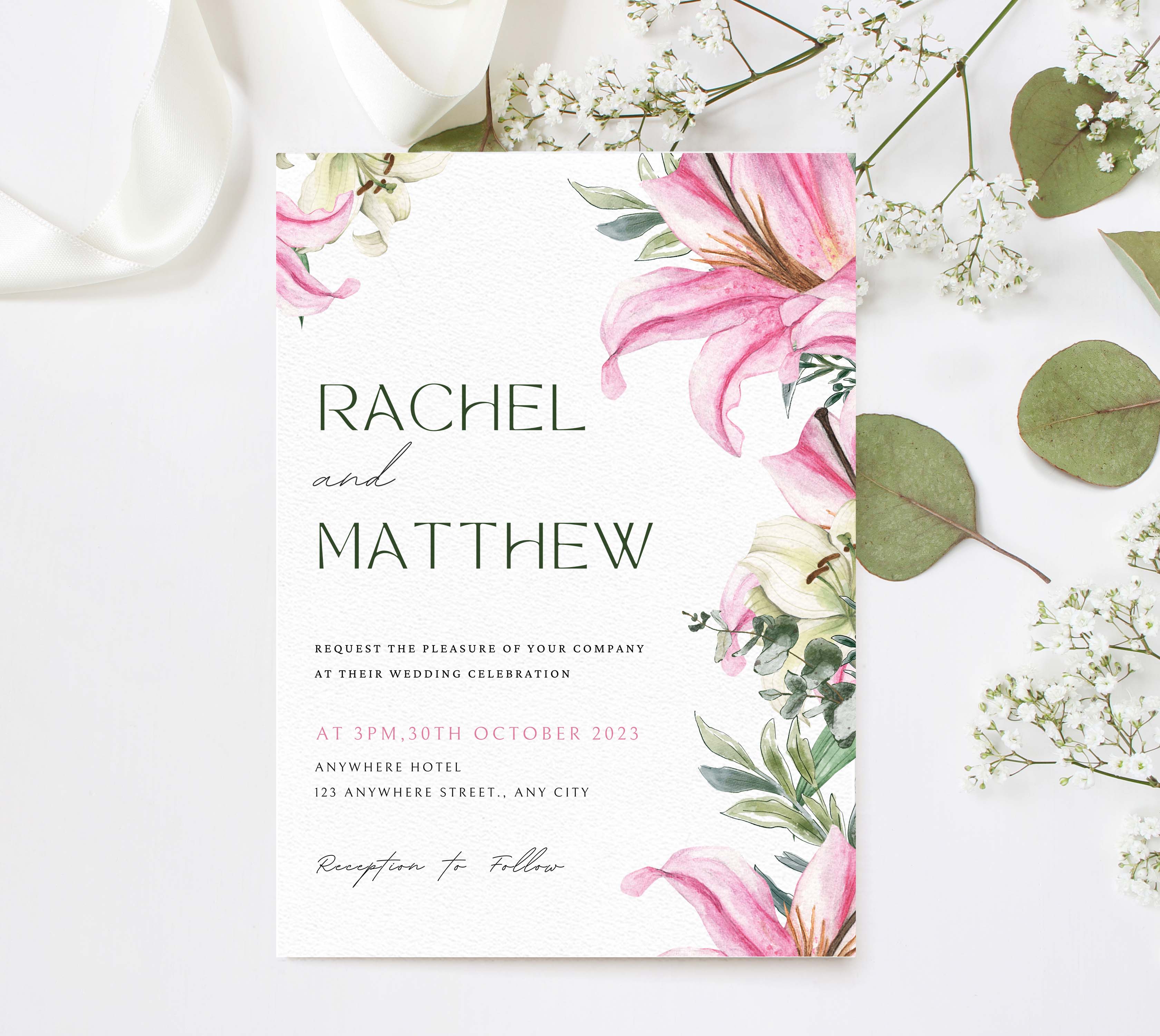 Wedding Invite Pink Lily - Littlebee Prints