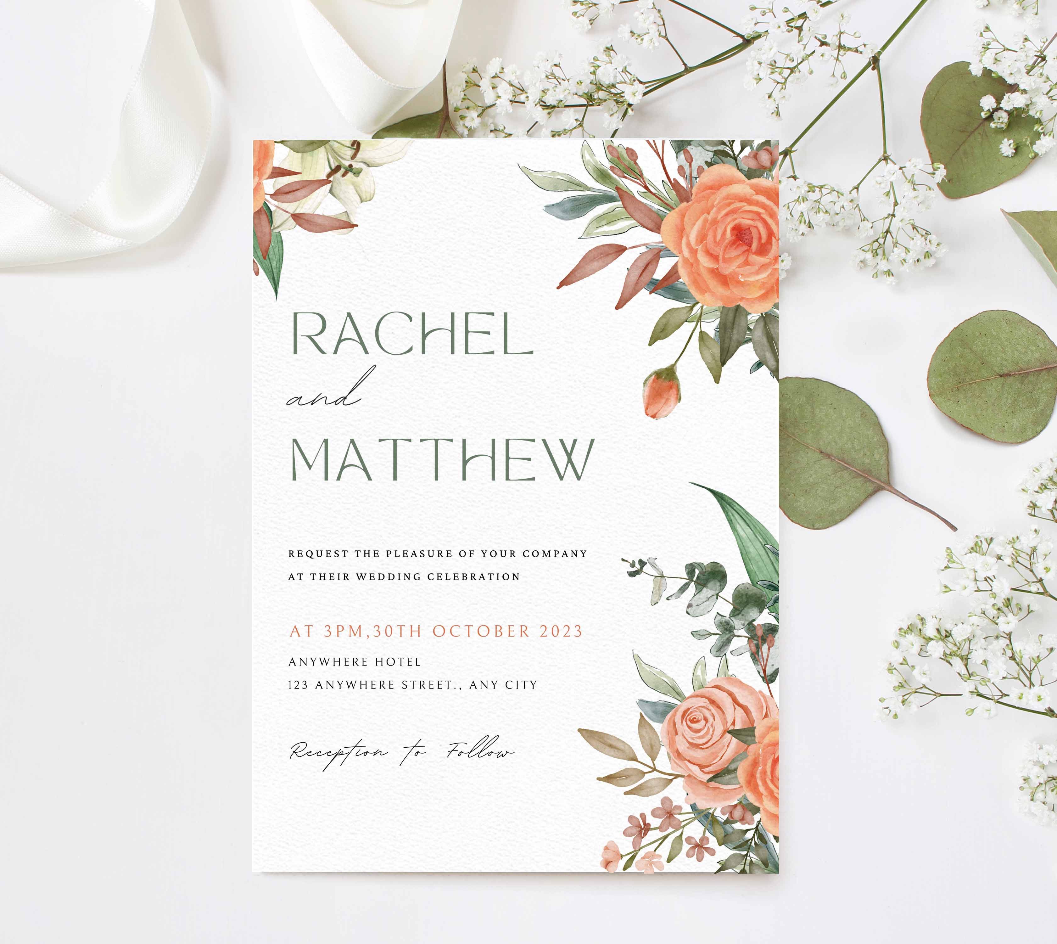 Wedding Invite Orange Rose - Littlebee Prints